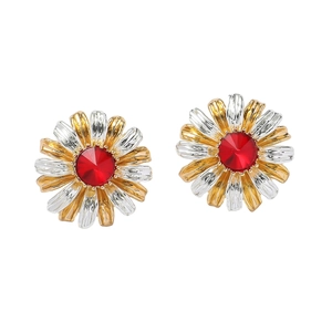 Chic two-tone daisy stud earrings with centered red crystal gemstone on white background