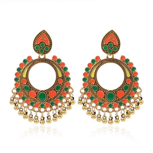 Bohemian retro alloy hoop earrings with bell tassels in antique gold finish