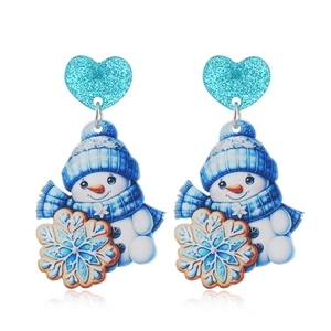 Boucles d'oreilles bonhomme de neige de Noël avec cœur bleu pailleté et motif festif