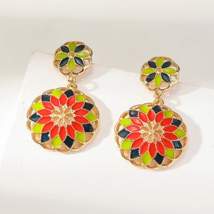 Bohemian gold-plated earrings with colorful enamel floral petals and exotic dangle design