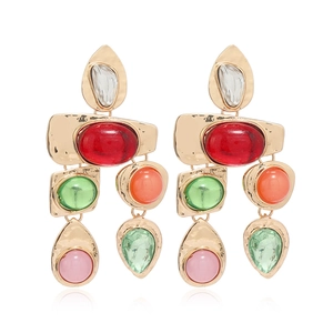 Bohemian gold-tone geometric drop earrings with multi-color rhinestones and resin gems
