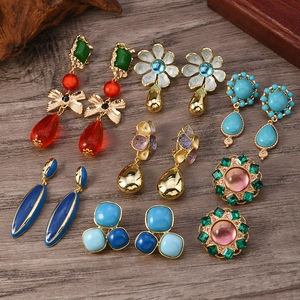 Vintage Palace Style Alloy Earrings Elegant Turquoise Crystal Rhinestone Bohemian Dangle Stud Earrings For Women Jewelry