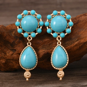 Vintage royal style turquoise and crystal dangle earrings with gold engraved charms