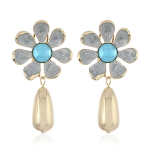 Vintage floral drop earrings with turquoise center and marble pattern petals