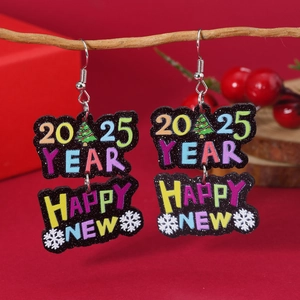 Pendientes 2025 de acrílico negro con motivos coloridos de Navidad y Año Nuevo 2025