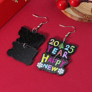 Pendientes festivos 2025 Happy New Year de acrílico negro con diseños de año nuevo