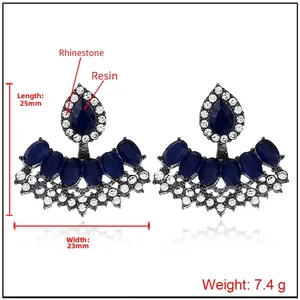 Detailed view of vintage blue resin earrings with rhinestones, 25mm by 23mm size