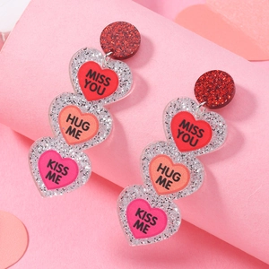 Romantic glitter acrylic heart earrings with Miss You, Hug Me, and Kiss Me letters