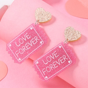 Pink heart and rectangular acrylic earrings with glitter and Love Forever text detail