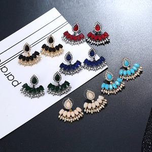 Retro fan-shaped crystal stud earrings with colorful resin stones and rhinestones
