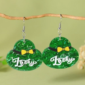 Grüne St. Patrick's Day Acrylhut Ohrringe mit Lucky-Schriftzug und gelber Schleife