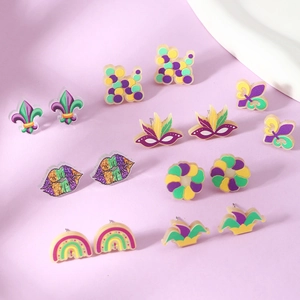 Acrylic Mardi Gras Stud Earrings Carnival Party Glitter Jewelry Iris Flower Mask Jester Hat Colorful Ear Studs For Women Festive Decoration Jewelry