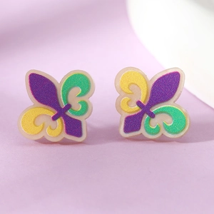 Pair of Mardi Gras fleur-de-lis stud earrings in purple, green, and yellow resin