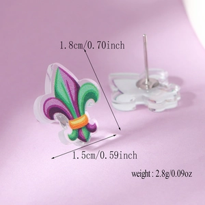 Detail view of Fleur-de-lis acrylic earrings with dimensions 1.8cm x 1.5cm and 2.8g weight