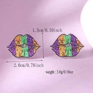 Close-up of glittery lip-shaped earrings showing dimensions of 1.5cm by 2.0cm