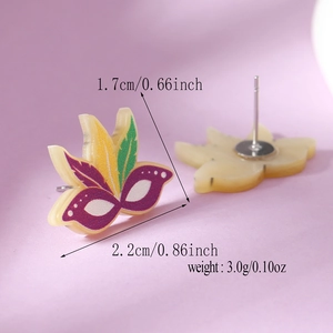 Detail view of Mardi Gras mask earring with purple and gold tones and size labels
