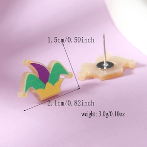 Jester hat stud earring detail with size measurements in centimeters and inches
