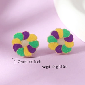 Detail view of colorful geometric acrylic earrings showing 1.7cm diameter size and 3.0g weight