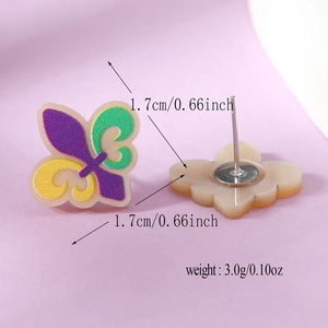Detailed view of fleur-de-lis earrings with glitter finish and precise measurements