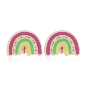 Rainbow arc acrylic stud earrings with glitter texture and iris pattern on white background