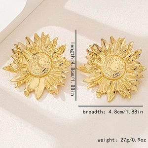 Macro view of gold-plated sunflower earrings with layered petals and textured centers