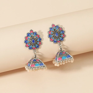 Bohemian Jhumka enamel earrings with floral design and pyramid bell charms