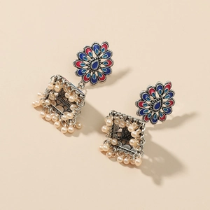Bohemian vintage Jhumka earrings in silver alloy with colorful enamel and white pearls