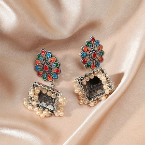 Bohemian vintage ethnic earrings with colorful enamel waterdrop patterns and faux pearls