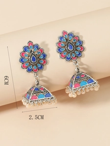 Detail view of ethnic enamel earrings showing dimensions of 6cm length and 2.5cm width