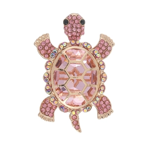 Broche tortue créative dorée à l'or rose avec cristal rose et strass colorés étincelants