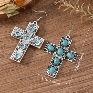 Boho Silberkreuz Ohrringe mit Türkis Einlage zeigen detaillierte Maße und Texturen