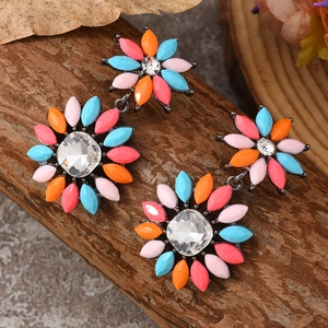 Bohemian geometric double layered flower drop earrings with colorful zircon stones
