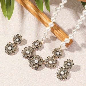 French palace style pearl necklace and earring set with vintage floral zircon pendants