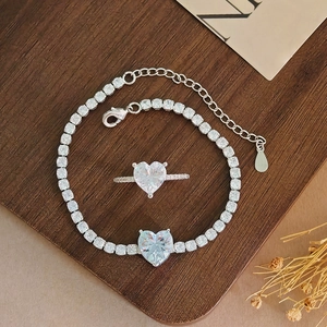 Classic heart-shaped zircon jewelry set with sparkling silver ring and tennis bracelet