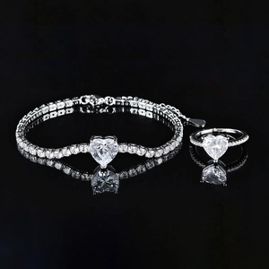 Heart Shape Zirconia Jewelry Collection For Women Alloy Heart Stone Tennis Bracelet And Matching Ring Elegant Anniversary Gift