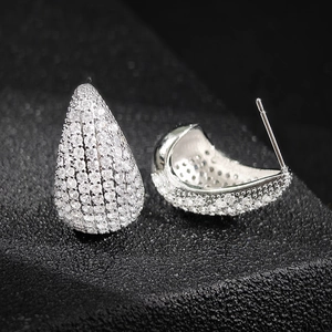 Fashionable teardrop zircon earrings with micro-pave setting on polished silver base