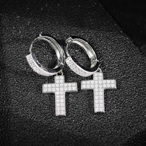 Exquisite silver hoop earrings with shimmering crystal pavé cross charms for men and women