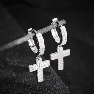Fashion Copper Cross Drop Earrings Silver Plated Pave Rhinestone Huggie Hoop Earrings For Women Men Jewelry Accessories