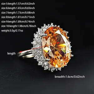 Detailed size chart for champagne gold oval zircon ring with measurements in cm and inches
