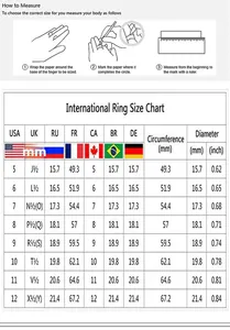 Detailed international ring size guide with measurement instructions and size chart
