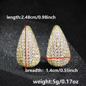 Macro detail of teardrop zircon earrings showing 2.48cm length and pave setting luxury style