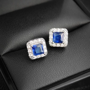 Elegantes Pendientes de Botón Cuadrados de Zirconia Halo para Mujer de Cobre con Incrustaciones de Piedras Preciosas Azules