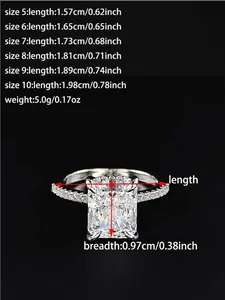 Detailed size chart for square cut ring showing measurements from size 5 to 10 in inches
