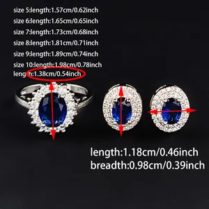 Detaillierte Größentabelle für Saphir-Halo-Ring und Ohrringe-Set mit Maßen