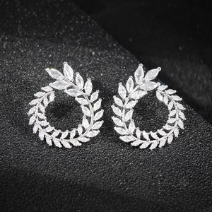 Elegant silver wheat wreath earrings featuring marquise-cut white sparkling zircons
