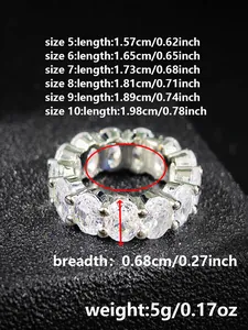 Detailed jewelry size chart showing ring diameter and width for eternity band with oval-cut stones
