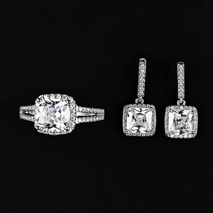 Luxus Kupfer Zirkonia Ohrringe Und Ring Quadrat Geometrisch Hochzeit Party Schmuck Für Damen Silber Ton Zubehör