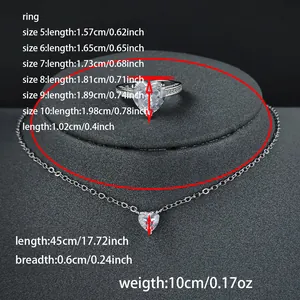 Detailed size chart for heart jewelry set showing ring diameters and necklace length