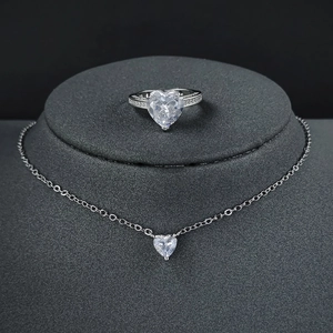 Heart Shape Zirconia Pendant Necklace And Ring Set Elegant Copper Jewelry Gift For Women Valentine Day Anniversary Party