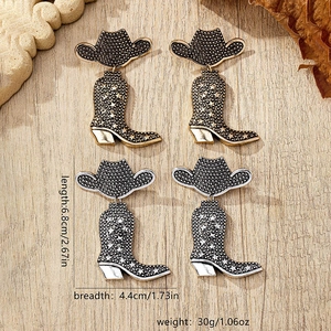 Detailed dimensions of retro alloy cowboy boot and hat earrings with star embossing